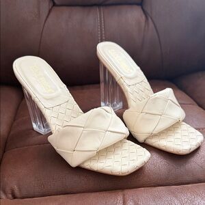 Cape Robbin Cream Woven Mule Heels with Clear Block Heel